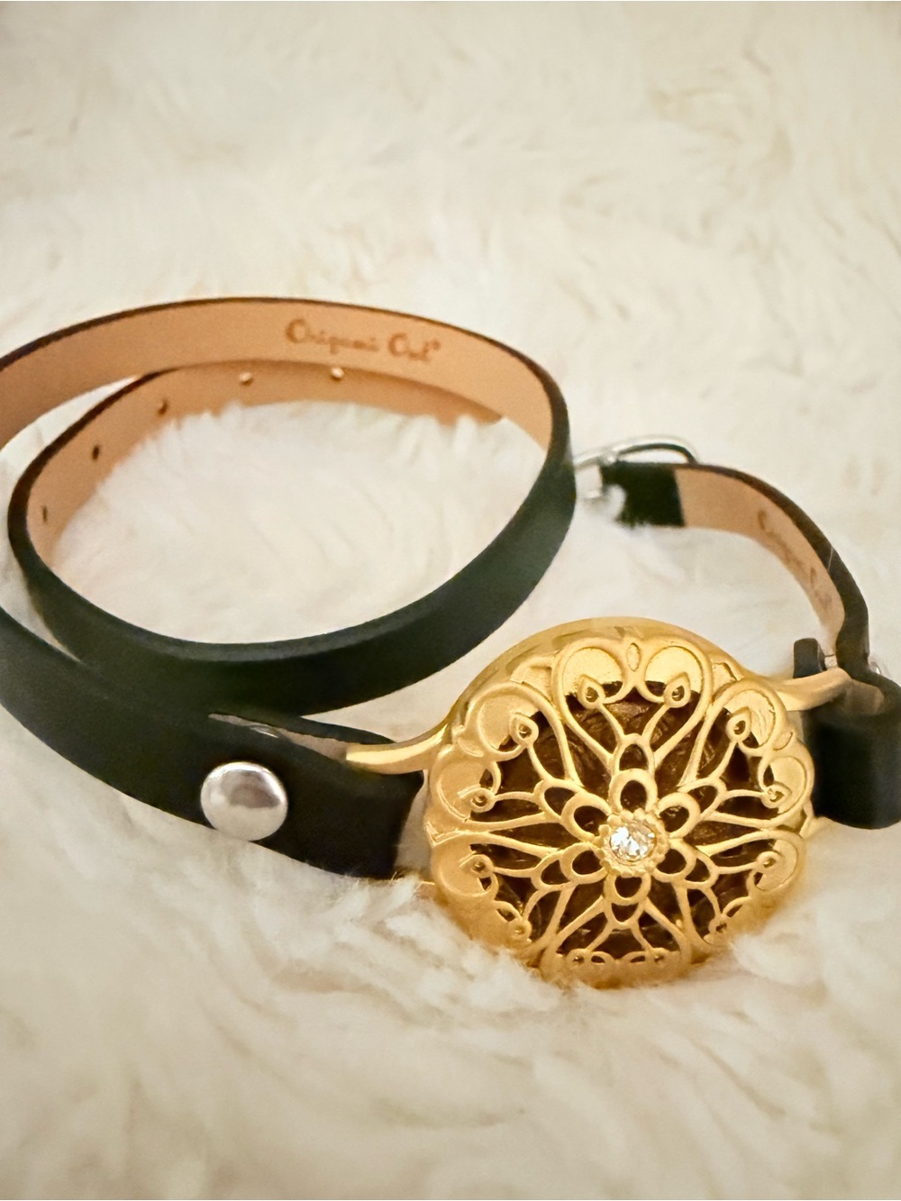 Origami Owl Black Leather Wrap Bracelet with Gold Filigree Charm